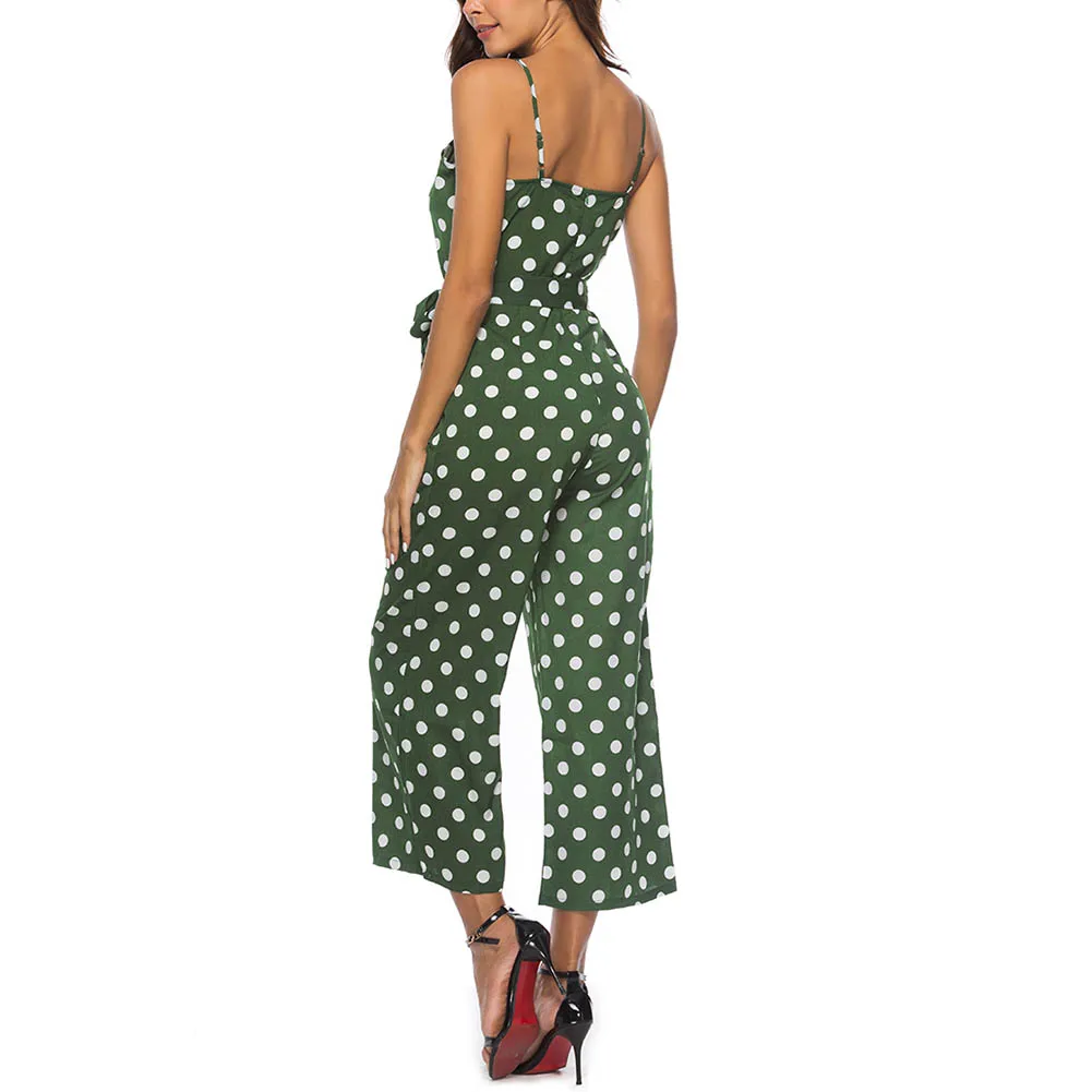 

Pop Summer Women Sexy Jumpsuit Spaghetti Strap Backless Polka Dots Belt Wide Leg Long Rompers Pants Pop 88