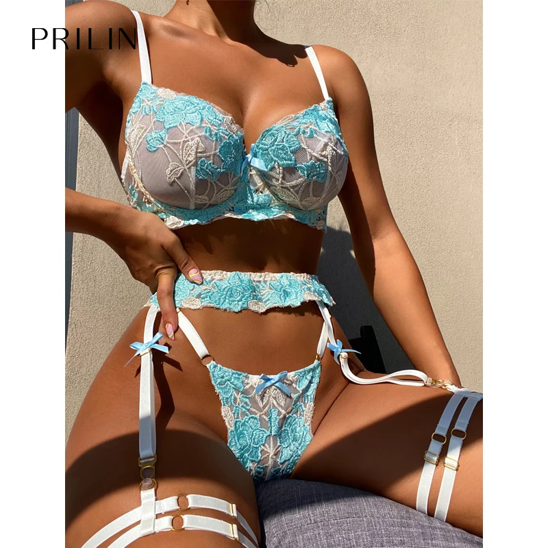 

PRILIN женское Сексуальное цветочное нижнее белье, подвязки, ремешки для ног, бюстгальтеры с вышивкой, сексуальные стринги с бантом, Прозрачно...