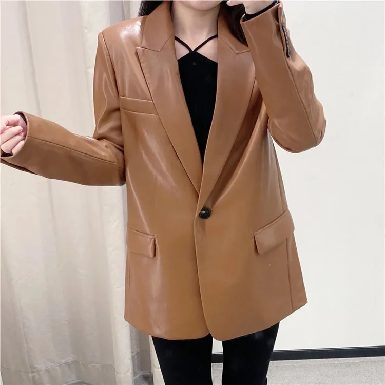 

New Women PU Leather Sets Vintage Solid Loose Long Sleeve Lapel Pocket Jacket Zip Long Pants Female Autumn Brown Coat Outwear