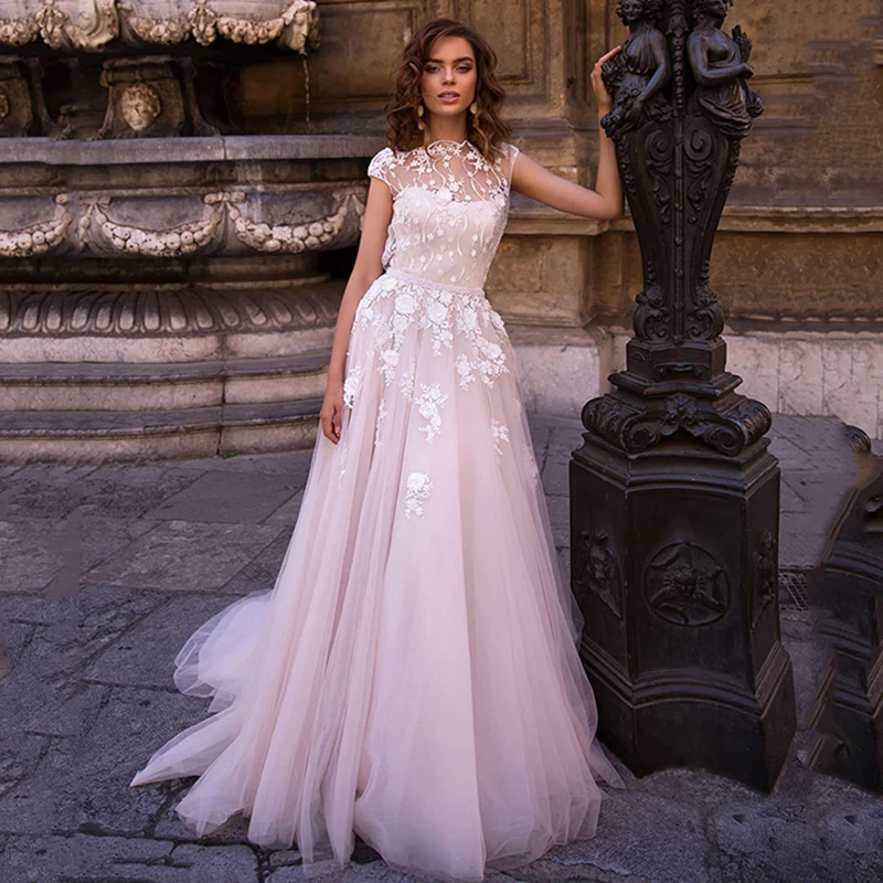 

Женское свадебное платье с коротким рукавом, розовое кружевное платье в стиле бохо с цветочной аппликацией, ТРАПЕЦИЕВИДНОЕ свадебное плать...