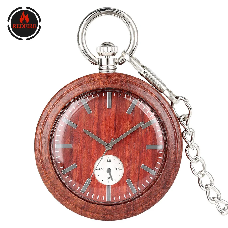 

REDFIRE Decorate Small Dial Natural Wooden Pendant Quartz Pocket Watch Silver Fob Chain Antique Wood Pocket Clock Gifts