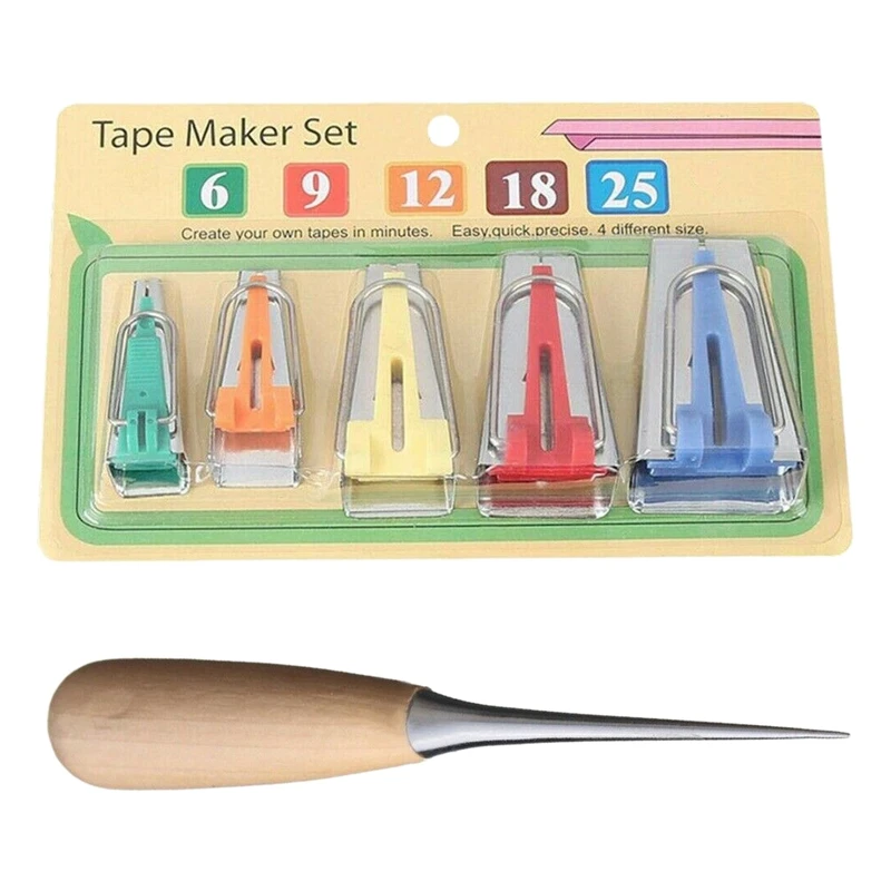 

6Pcs/Set Bias Tape Maker Fabric Quilting Binding Sewing DIY Craft Tool Set + Awl