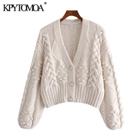 kpytomoa women 2021 fashion pompom appliques cropped knitted cardigan sweater vintage long sleeve female outerwear chic tops