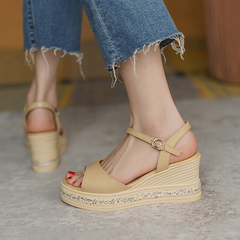 

EGONERY Women Genuine Leather Leisure Sandals Round Toe summer New Style Slope Heel Shoes Concise Comfortable office lady