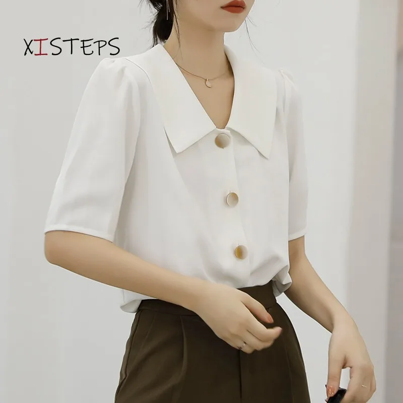 2021 Summer Women Blouses White Blue Chiffon Shirts Peter Pan Collar Puff Sleeve Fashion Ladies Tops Streetwear Ruffle Blouse