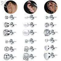 zs 18 pairslot 358mm cz crystal stud earrings for women men heart round stainless steel ear helix conch cartilage piercings