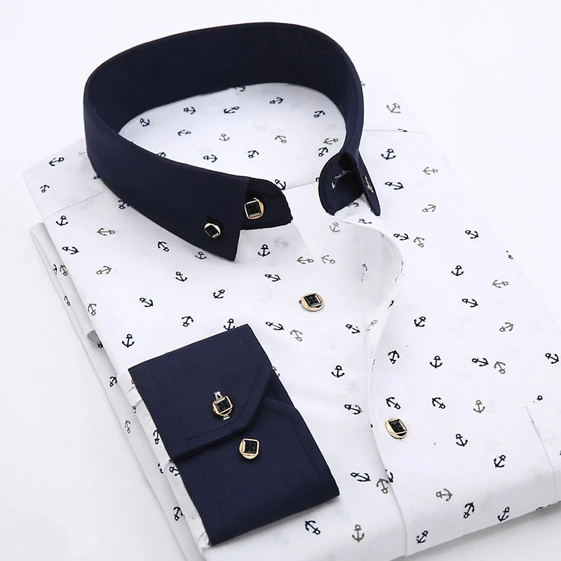 

Patchwork Collar floral men's casual shirt Fashion long sleeve Print slim fit soft pocket 4xl male dress shirt