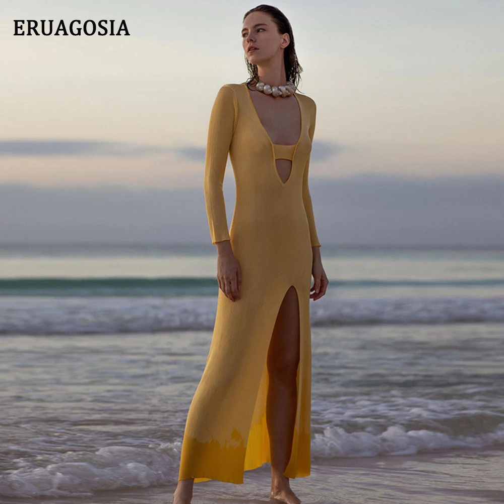 

Женское трикотажное платье, облегающее Макси-платье с глубоким V-образным вырезом, с высоким разрезом, для вечеринки, для пляжа, для осени, 2021