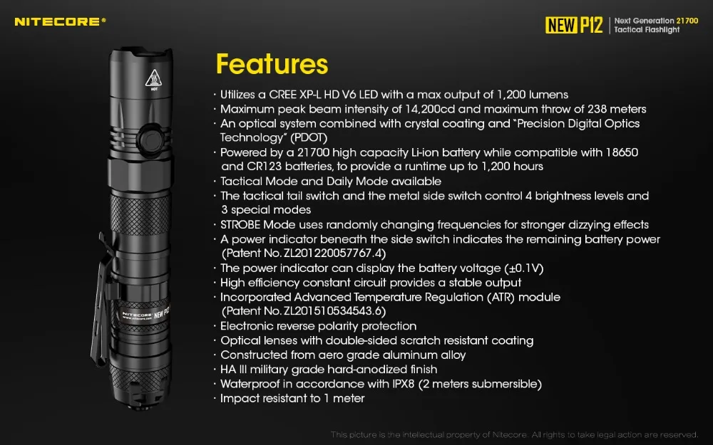 NITECORE, новинка, P12, тактический флэш-светильник, XP-L, HD, V6, Макс., 1200 люмен, луч, бросок, 238 м, уличный фонарь для сотрудников полиции, поисковый светильник