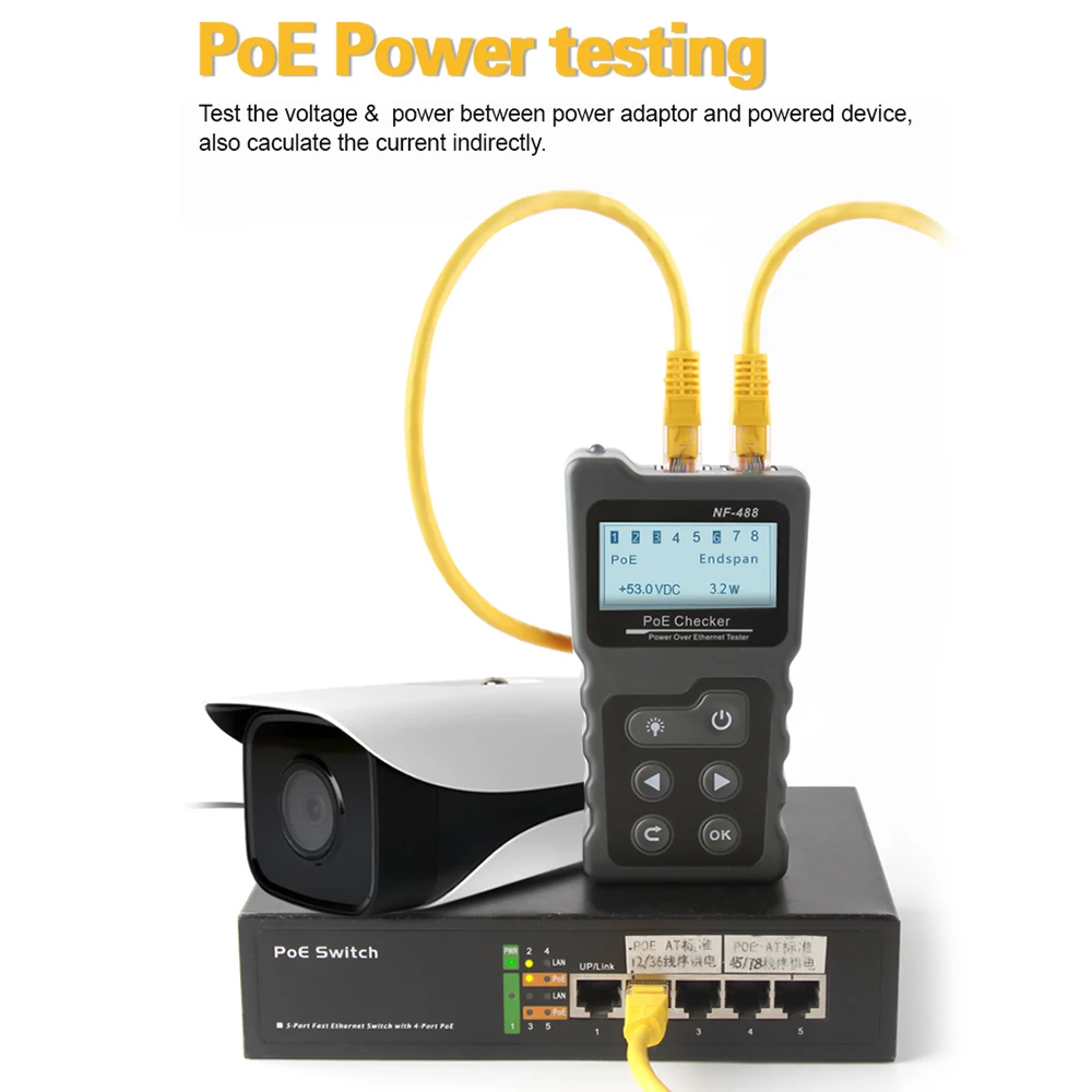 NF-488 сетевой кабель тестер с портом PoE тест er проверка через Ethernet cat5 cat6 Lan тест er сетевые инструменты PoE коммутатор тест кабель тест er