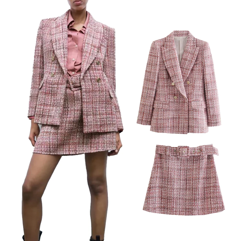 

Za Women's Jacket 2021 New Fashion Double-Breasted Tweed Plaid Female Blazer Jacket With Belt Mini Skirt Temperament Chic Suit