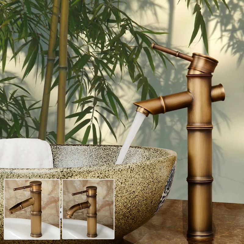 

Смеситель для раковины в ванную комнату, античный латунный кран в форме бамбука, бронзовая отделка, одна ручка, для горячей и холодной воды