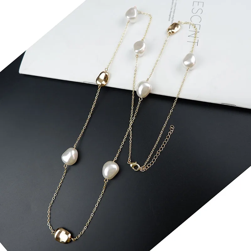 

2021 New Fashion Imitation Pearl Necklace Irregular Pearl Metal Jewelry 80CM Long Chain Gold Color Accessories For Girl Women