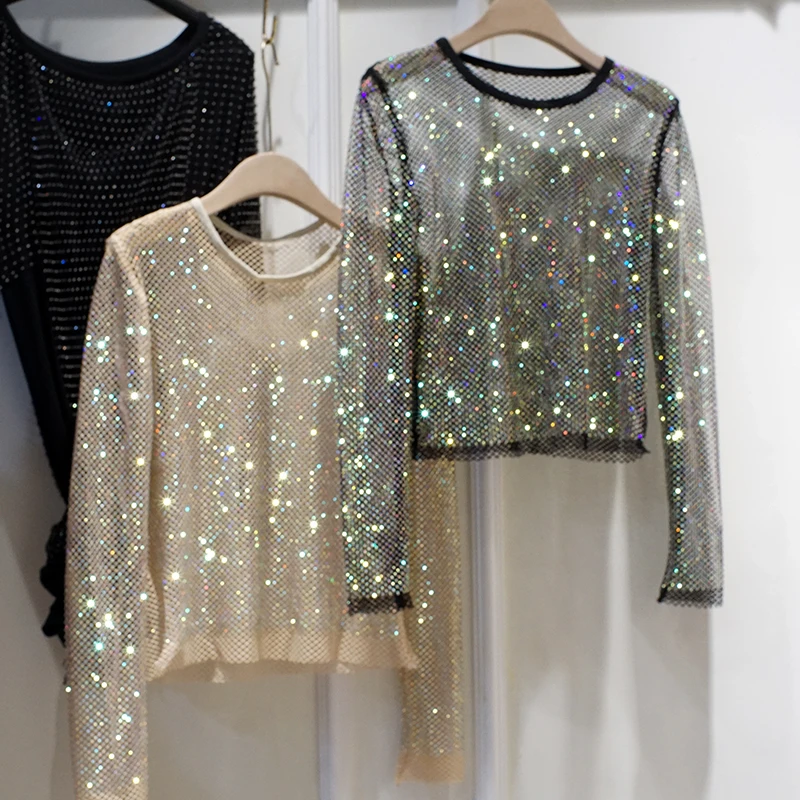 

Bright Star Sheer Cutout Shiny Bottoming Shirt Early Autumn Socialite Elegant Slim Rhinestone Round Neck Long Sleeve Top T Women