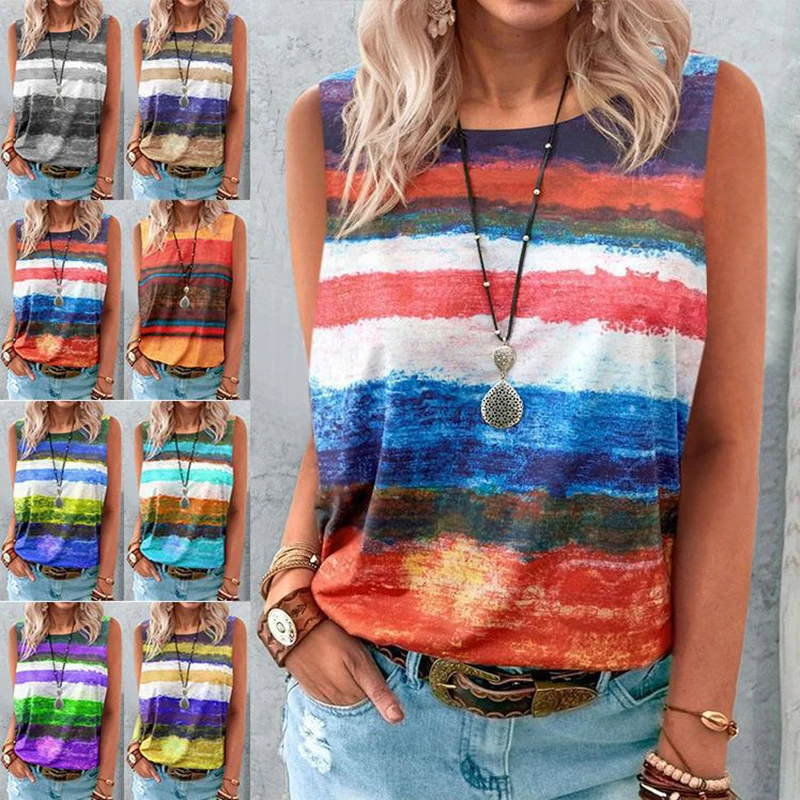 

Новинка лета 2021, Повседневная Свободная футболка с круглым вырезом, жилет контрастной градиентной расцветки, Женский пуловер, майки, женска...