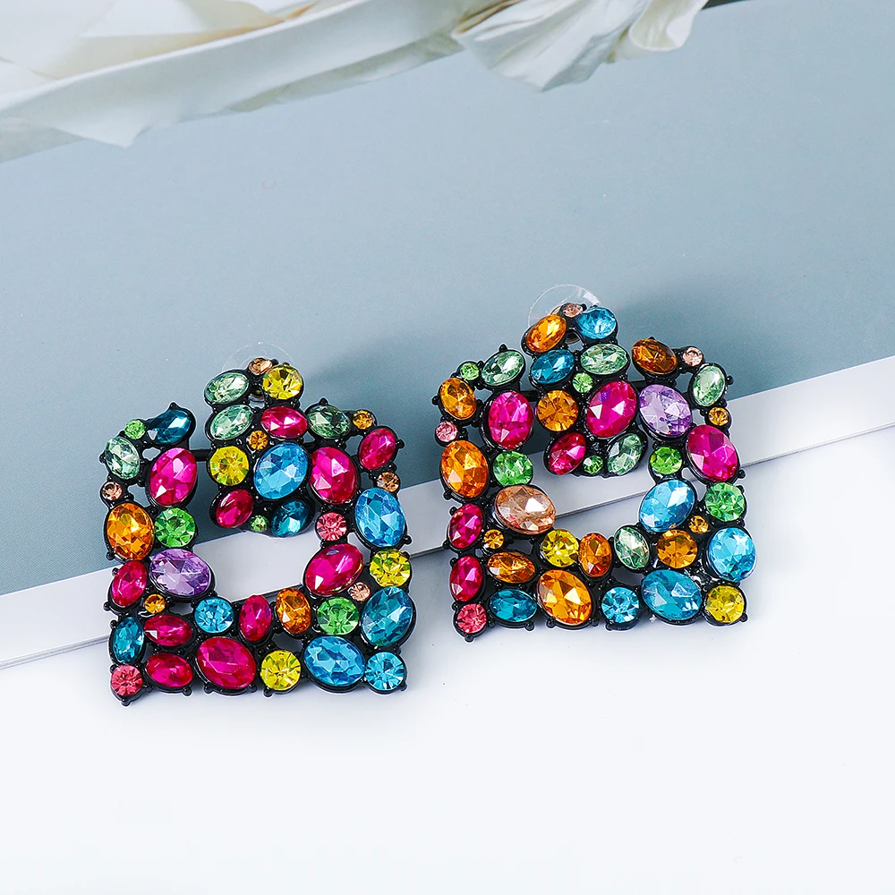 

Wholesale ZA New Long Metal Hollowed-out Hanging Colorful Crystals Dangle Drop Earrings Fine Jewelry Accessories For Women