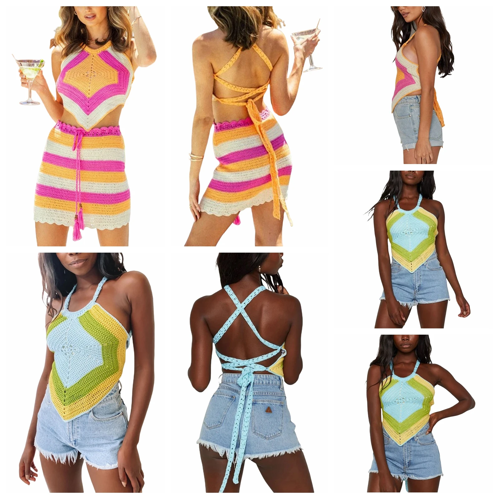 

2021 New Women’s Fashion Contrast Color Knitted Camisole Sexy Bandage Backless Exposed Navel Suspender Cute Tops