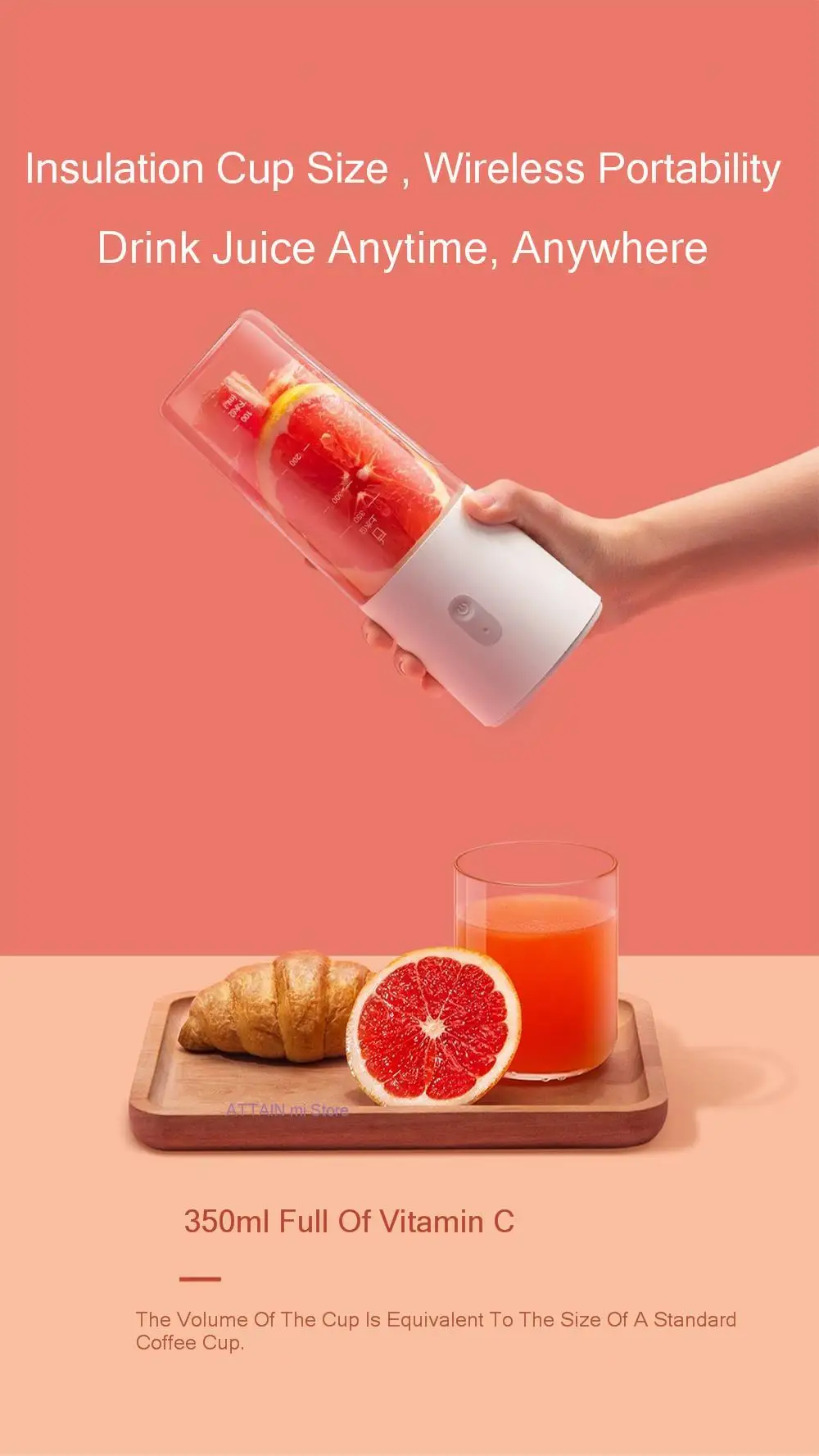 350ml Xiaomi Mijia Portable juicer Wireless 4-leaf food grade steel cutter head High-speed motor power Xiomi mi Quickly juicer