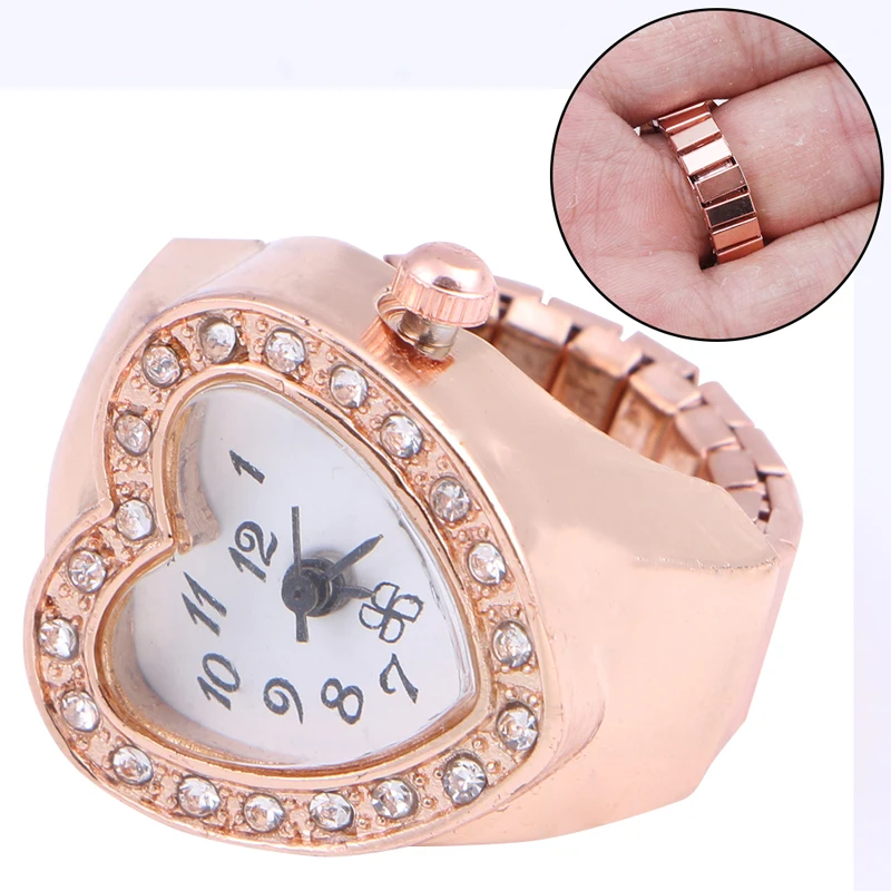 

Copper Tone Heart Shape Housing Elastic Band Finger Ring Watch For Women