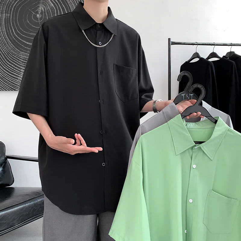 Summer Short Sleeve Shirt Men's Fashion Black Gray Green Casual Shirt Men Streetwear Korean Loose Pocket Dress Shirts Mens M-2XL
