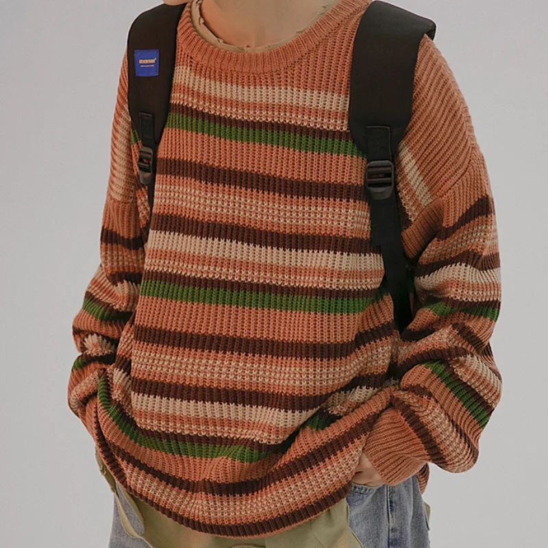 

Свитер мужской оверсайз в полоску, повседневный вязаный свободный плотный джемпер с длинным рукавом, уличная одежда, Зимний пуловер
