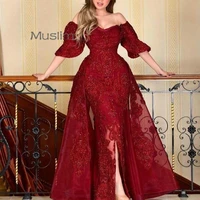 vintage burgundy mermaid prom dresses with short sleeve off the shoulder plus size arabic evening dress 2021overskirt prom gown