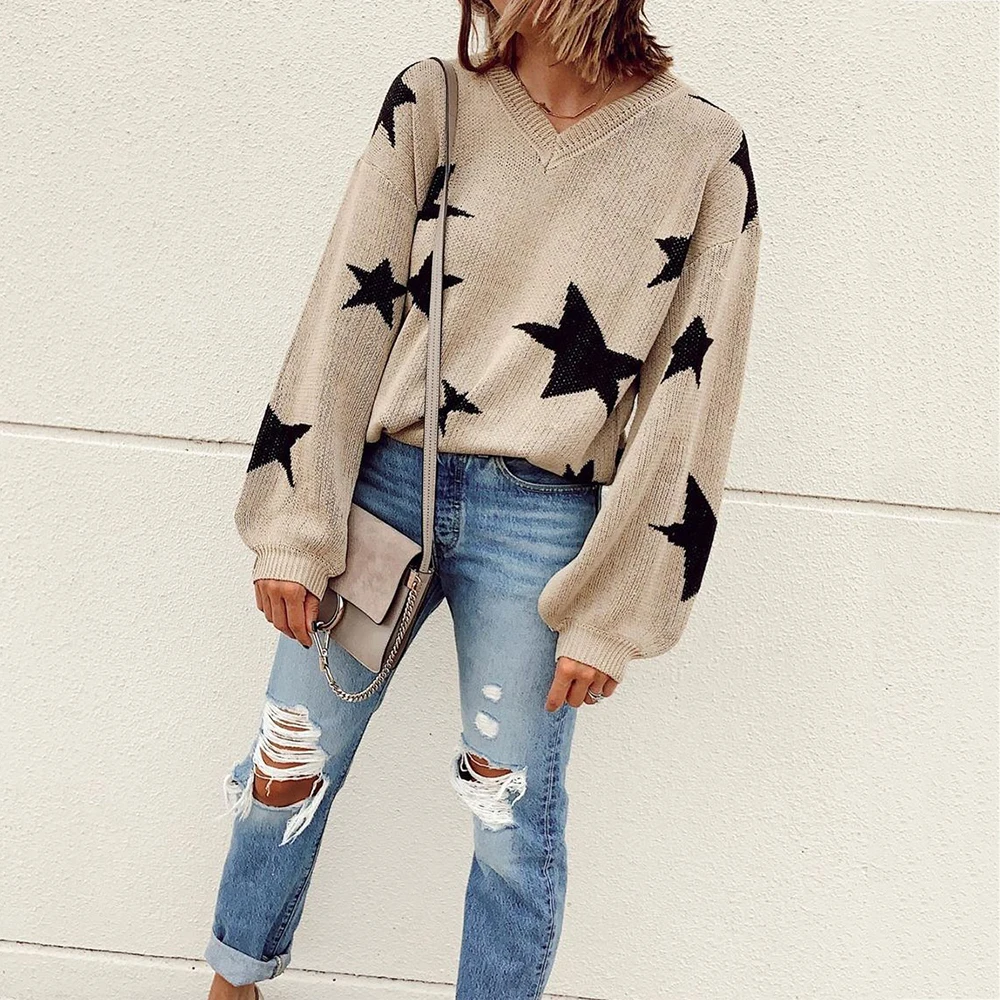 Свитер женский осенний вязаный с V-образным вырезом и рукавами-фонариками |