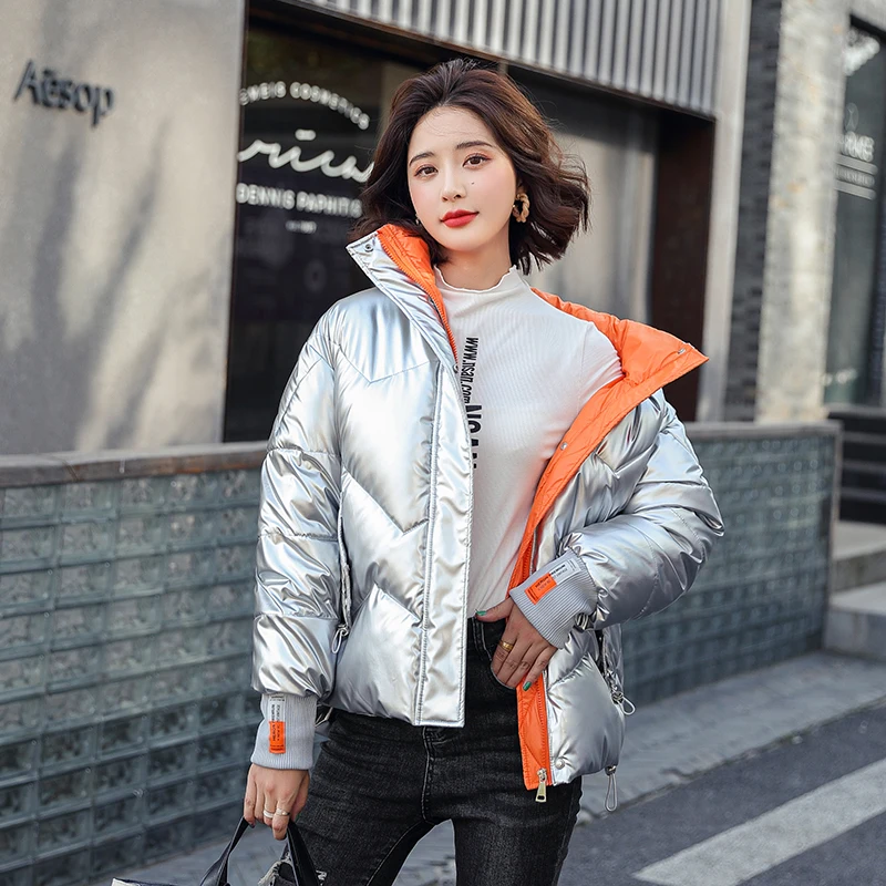 

2021 New Womens Winter Korean Style Bright Loose Short Stand Collar Cotton Coat Versatile Contrasting Jacket Casaco Feminino