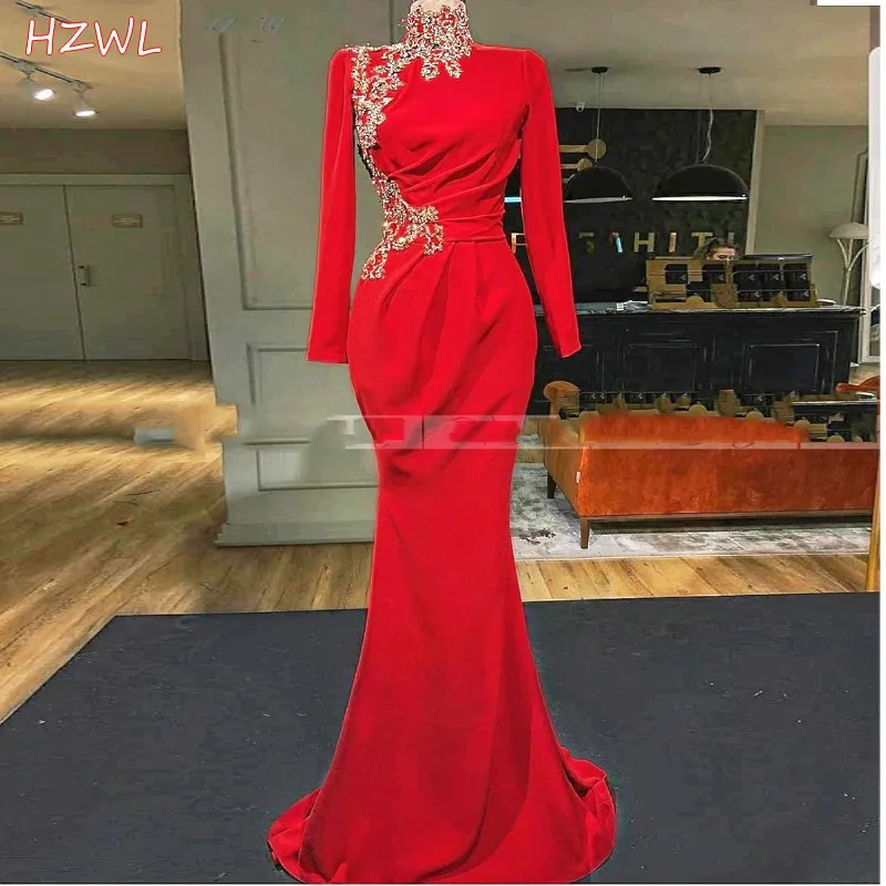 

High Neck Long Sleeves Muslim Evening Dress Saudi Arabic Red Satin Mermaid Gold Applique Kaftan Moroccan Dubai Formal Prom Dress