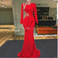 high neck long sleeves muslim evening dress saudi arabic red satin mermaid gold applique kaftan moroccan dubai formal prom dress