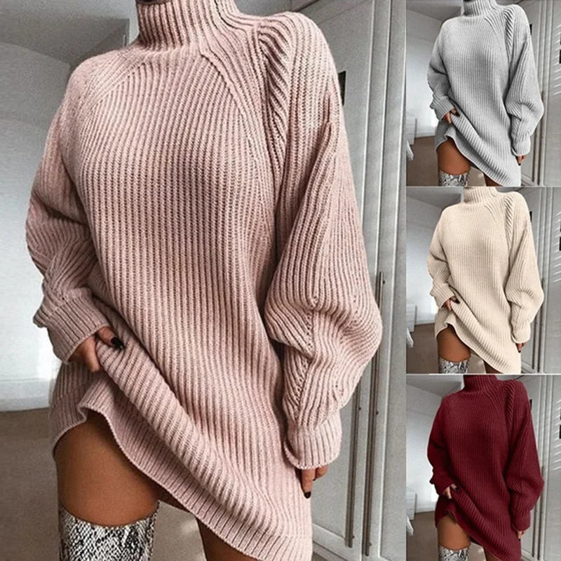 

2021new Autumn and Winter Knitwear Top Mid-Length Raglan Sleeve Mock Neck Sweater Dress winter sweater dress harajuku dress