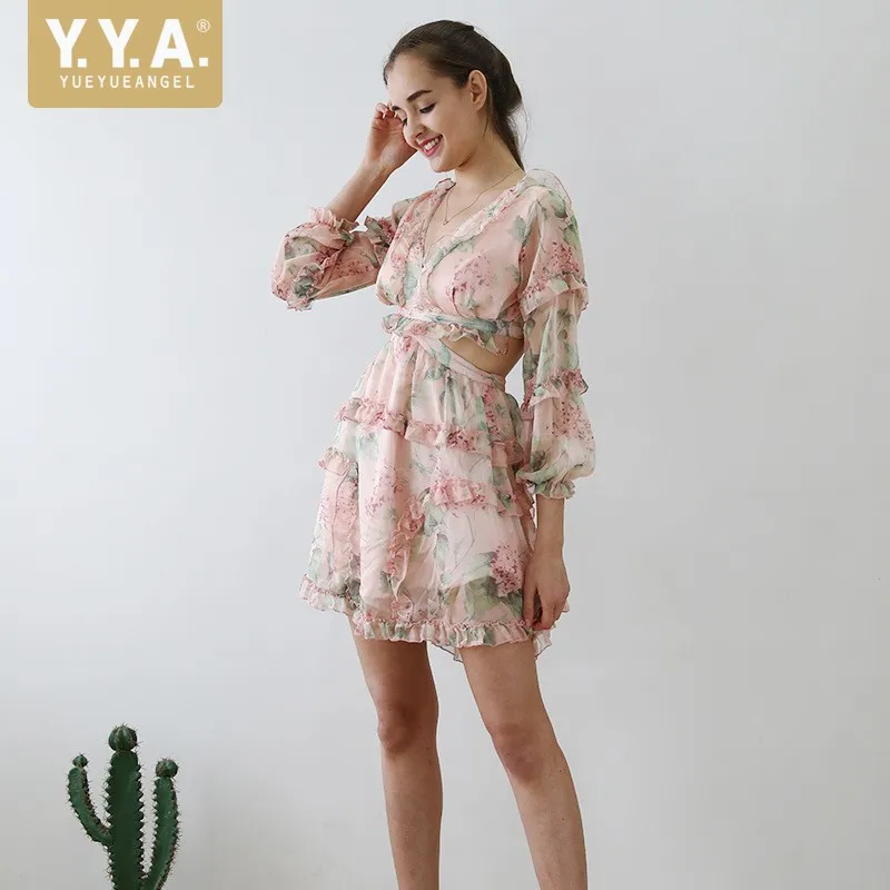 

Женское шифоновое платье с цветочным принтом, ажурное платье с глубоким V-образным вырезом, рукавами-фонариками и высокой талией, пляжные пл...