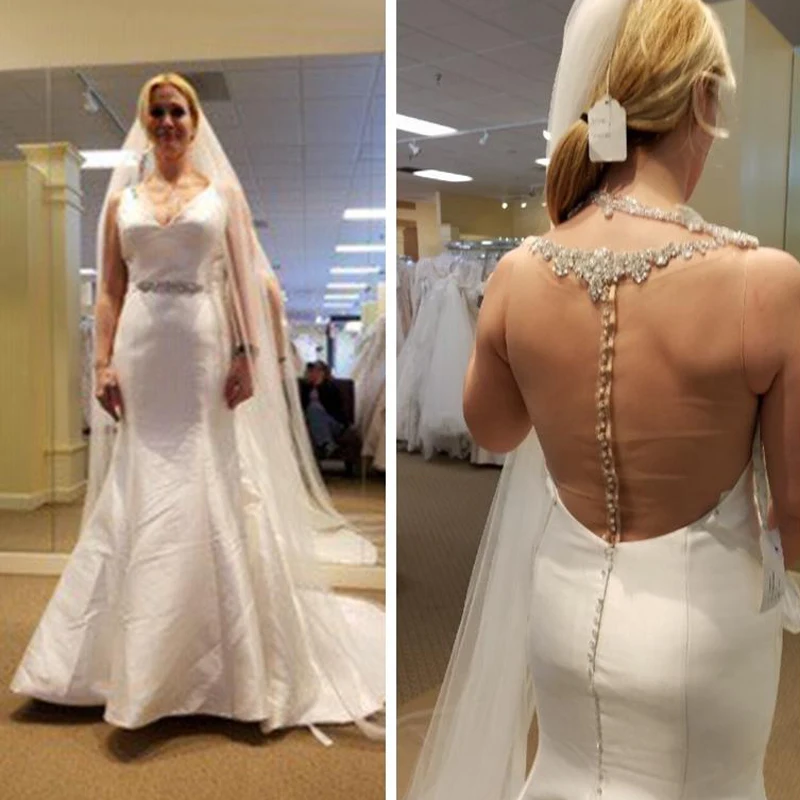 

Высокое качество атласные белые свадебные платья с талией деко Русалка Свадебные платья Иллюзия Назад Свадебные платья корт Поезд vestidos