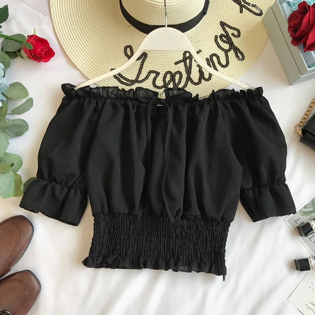 

Beach Sexy Casual Club Off Shoulder Summer Ruched Pullover Holiday Strapless Lantern Sleeve Tank Women Crop Top Elastic Waist