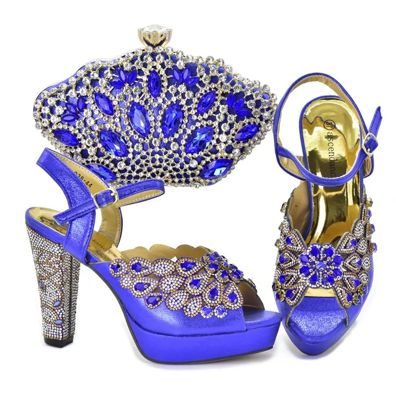 

PEIRESA 2022 New Design Royal Blue African Shoes And Bag Set High Quality Italian Women Shoe With Matching Bag For Wedding Party