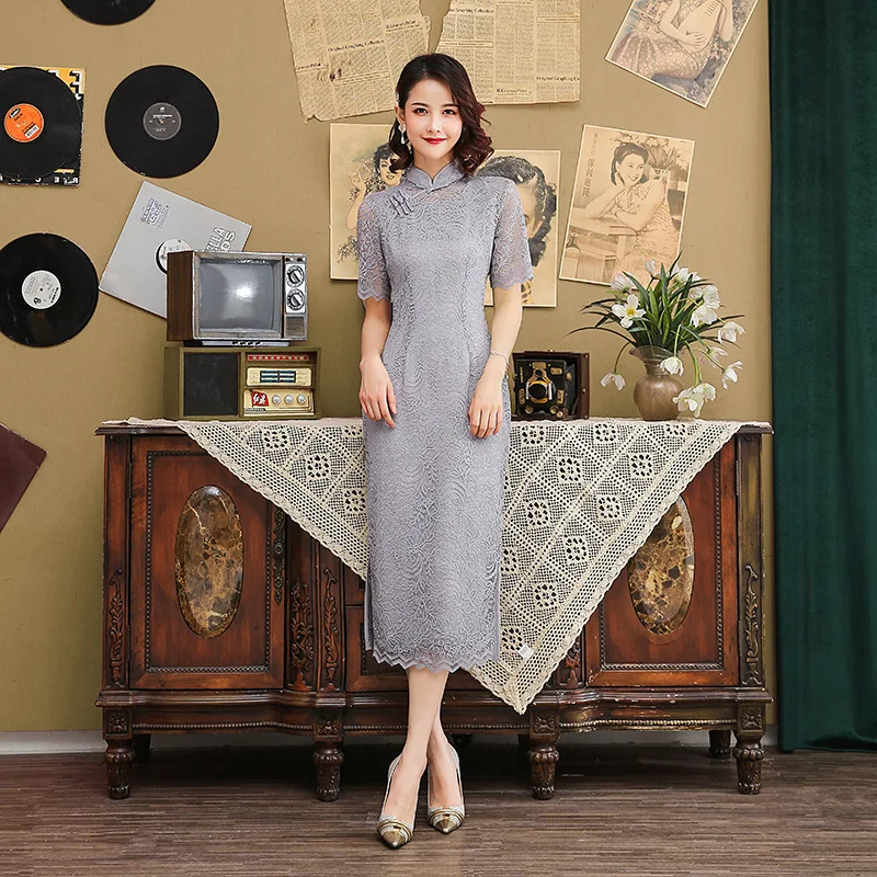 

New Arrival Autumn Female Chinese Traditional Lace Dresses Solid Color Qipao Mandarin Collar Slim Cheongsam Plus Size M-XXXL