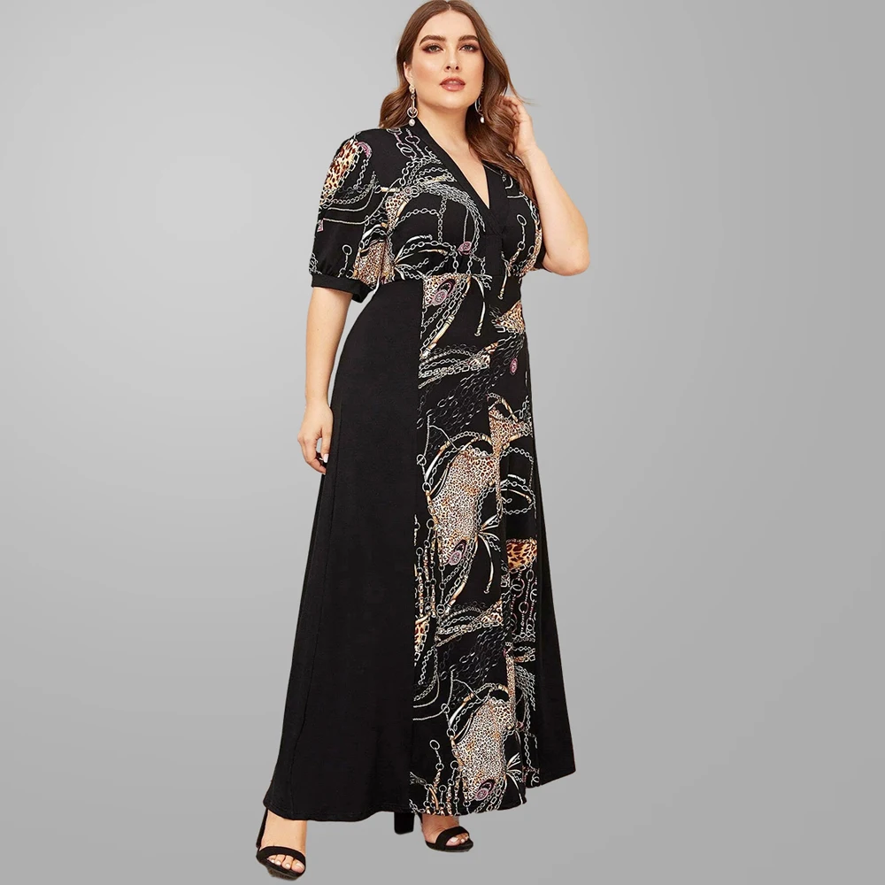 Summer Printed Bohemian Long Dress Abaya Muslim Casual Loose Plus Size Maxi Arab Jilbab V-neck Short Sleeve Robe Islamic Vestido