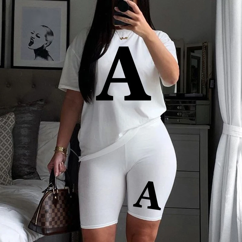 

Casual Tracksuit Women Two Piece Set Summer T-Shirts And Slim Shorts Sets Letter Print Short Sleeve White Top Tees Female Suits