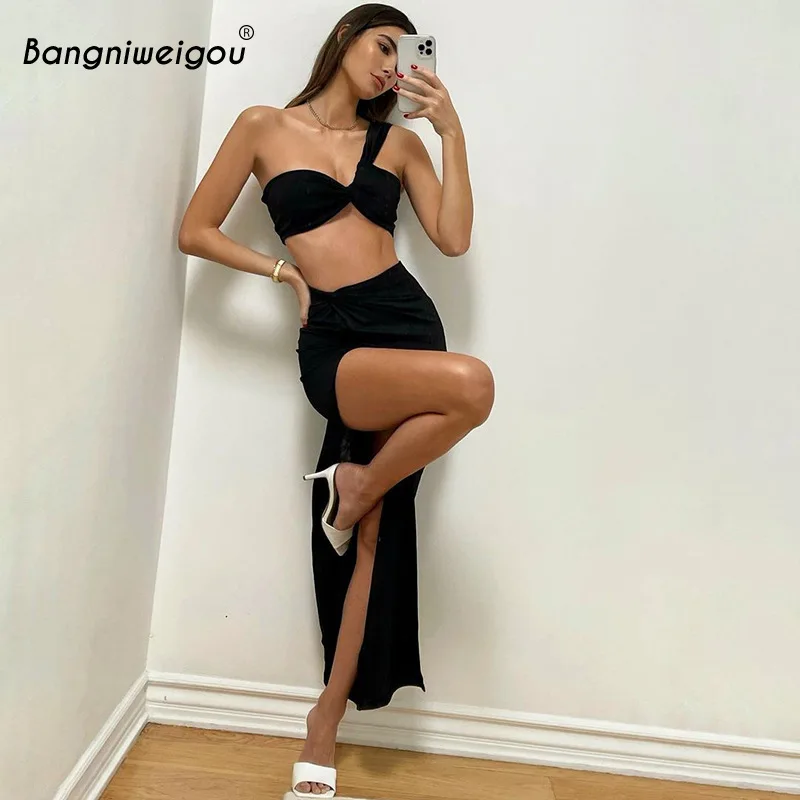 

Bangniweigou strapless wrapped bandeau top high slit skirt suits black two piece set for women sexy evening party bandage sets
