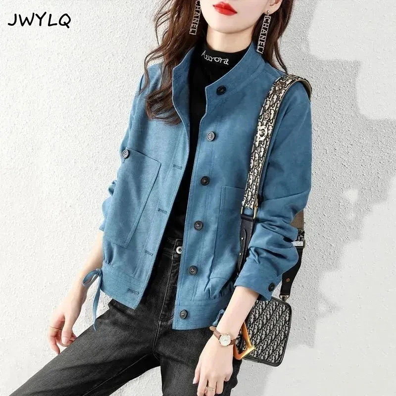 

Solid Color All-match Single-breasted Stand-up Collar Short Jackets Fashion Big Pocket Preppy Style Coat Women Casual Women Coat