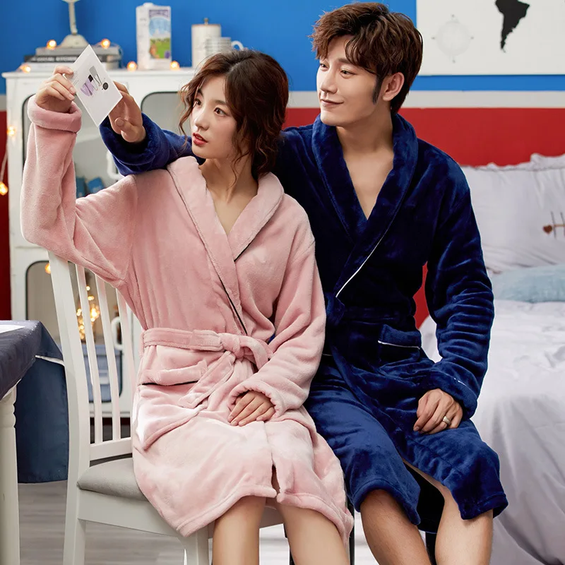 Autumn and Winter Thickened Coral Velvet Couple's Nightgown Bathrobe Home Wear Flannel European and American Solid Color Simple