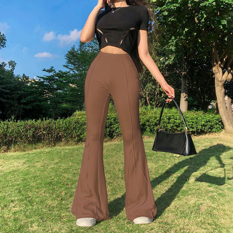 

Women Solid Color Flared Pants, Elastic Low Waist Simple Style Trousers, Brown/ White