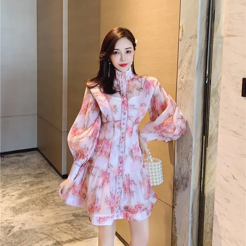 

2021 Palace Style Lantern Sleeve Splicing Package Side Holiday Floral Print Dress Skirt