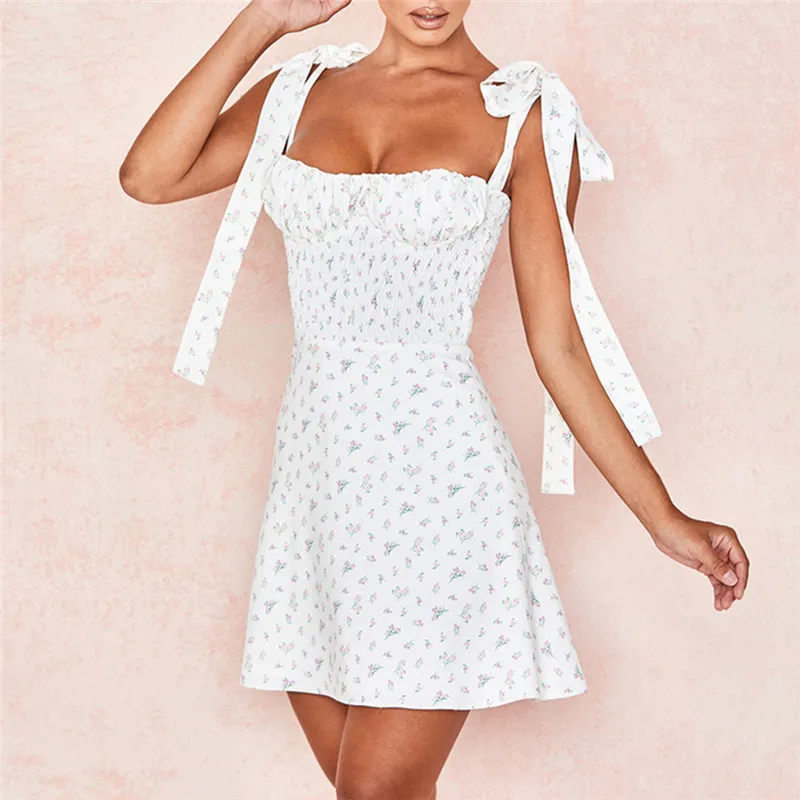 

ISAROSE French Floral Print Dress Stretch Waist Sleeveless DIY Spaghetti Bandage Short Dresses Low Chest Line Zipper Sundress