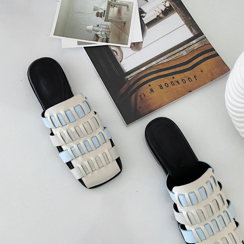 

Mixed colors Women Mules slippers Shoes genuine Leather Fashion Summer Shallow low Heels Shoes Woman Party Basic Women Shoes