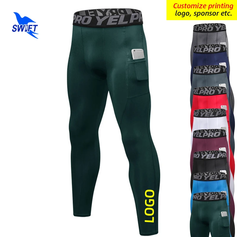 Mallas de compresión elásticas de secado rápido para hombre, pantalones deportivos con bolsillo para gimnasio, mallas de entrenamiento, ropa deportiva personalizada