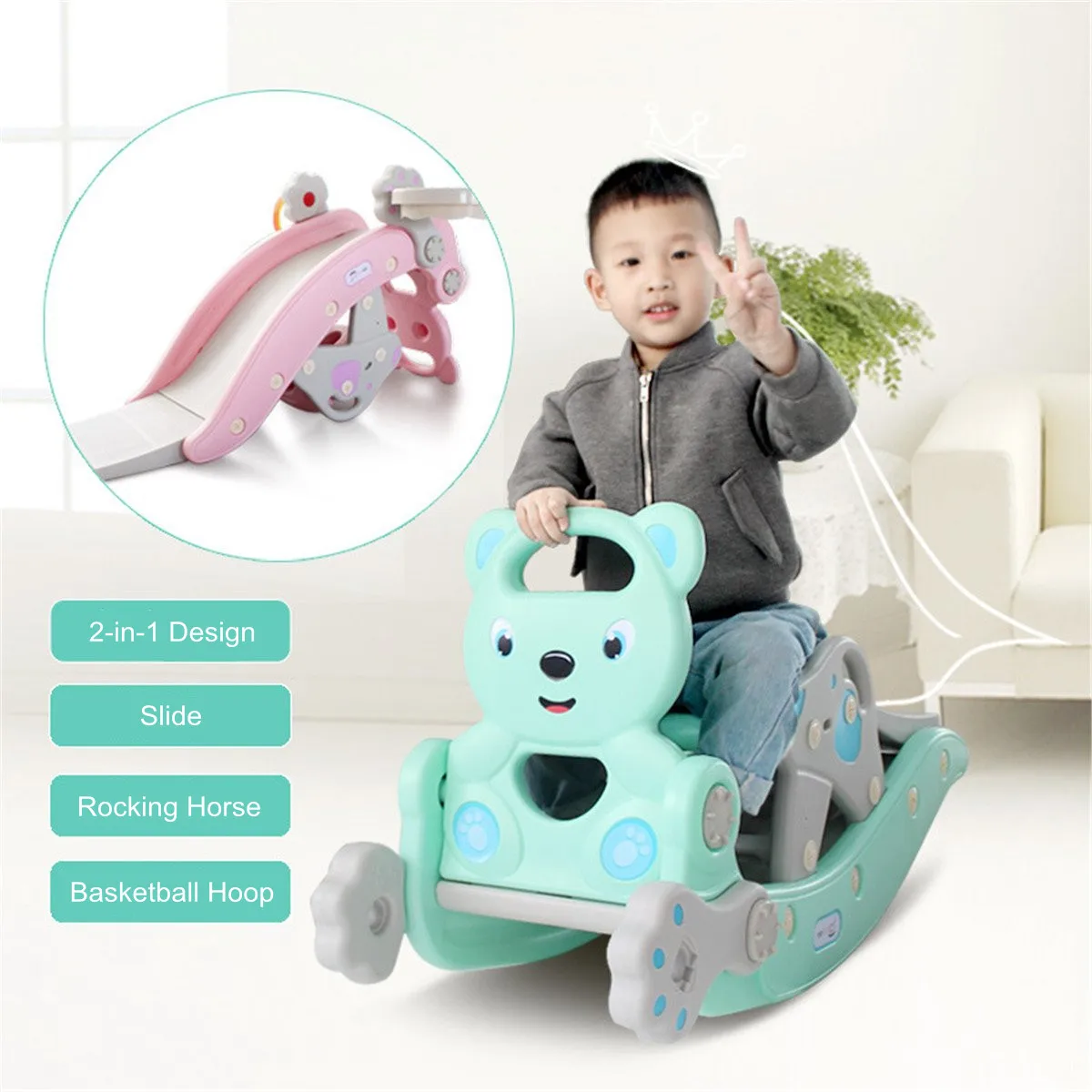 

Baby Rocking Horse Slide Basketball Box Smooth Slide Chair Combination 2 In 1 Children Indoor Home Baby Playground Toys Set
