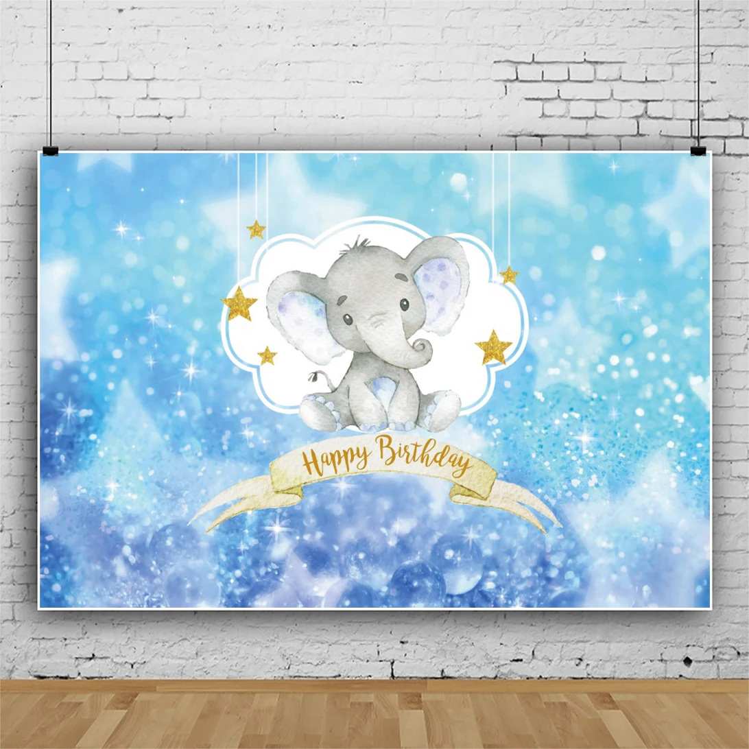 

Laeacco Elephant Birthday Backdrop Shiny Light Bokeh Gold Stars Polka Dots Baby Shower Customized Poster Photography Backgrounds
