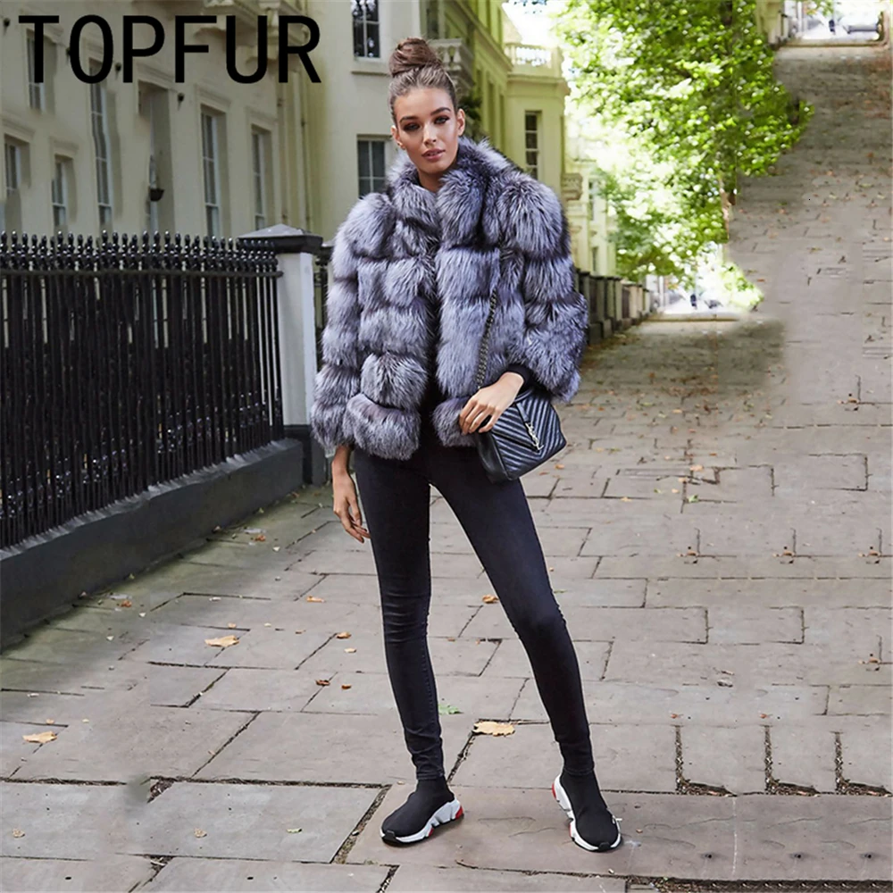 TOPFUR новые модные зимние женские короткие пальто из натурального меха для женщин верхняя одежда из натурального меха серебристой лисы и пальто Базовые Куртки