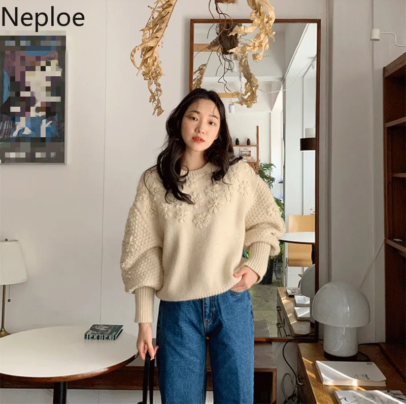 Женский вязаный свитер с вышивкой Neploe джемпер свободного кроя круглым вырезом и
